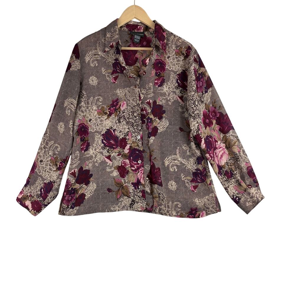 Vintage Notations Long Sleeve Button Up Blouse Women's Large Floral Lace Ruffle